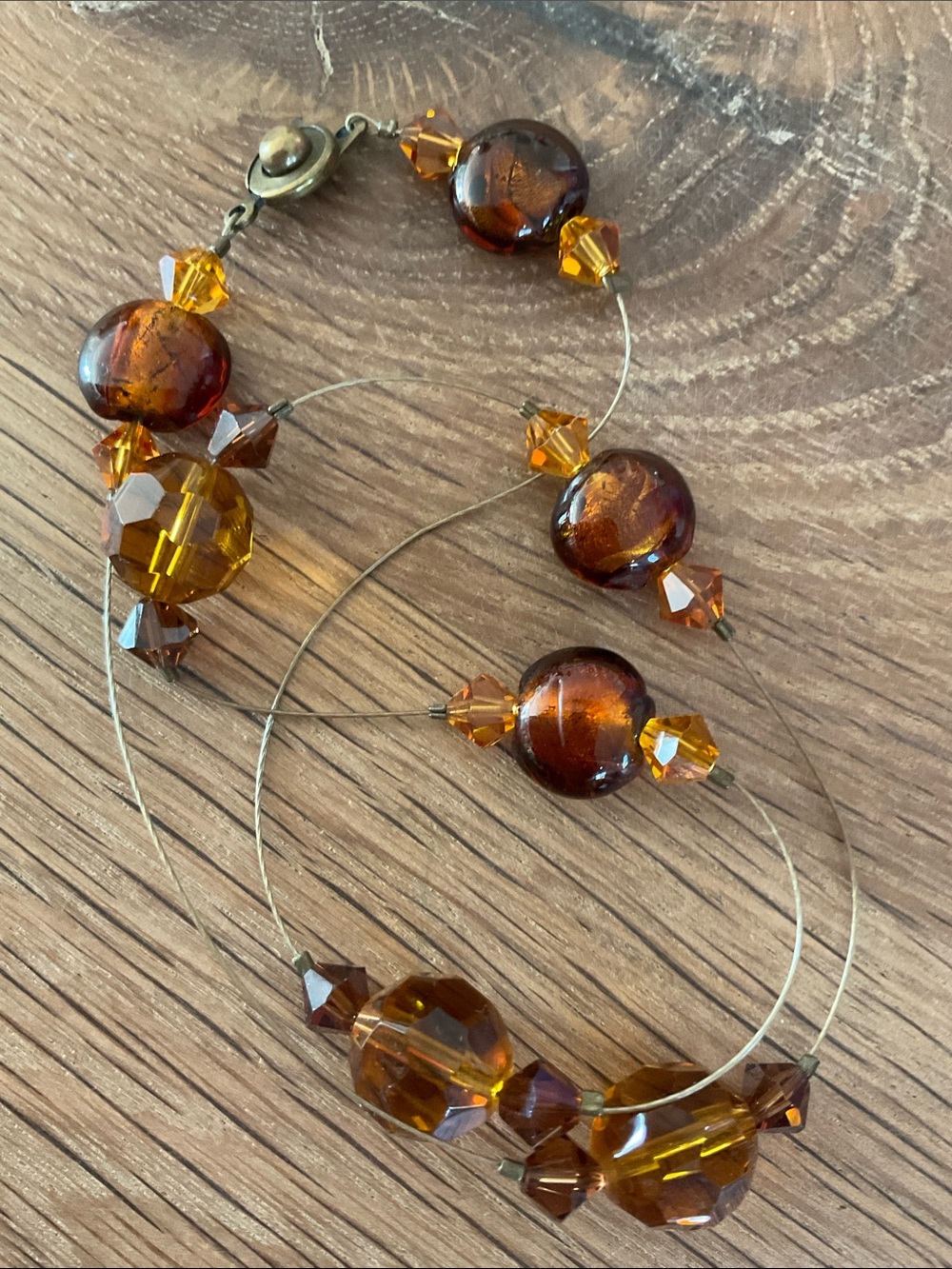 Art Deco Style Amber And Golden Topaz Coloured Wired Bead Necklace
